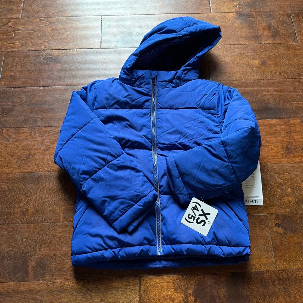 Members Mark Boys Blue Puffer Jacket Removable Hood Sherpa Lined XS 4/5 NEW